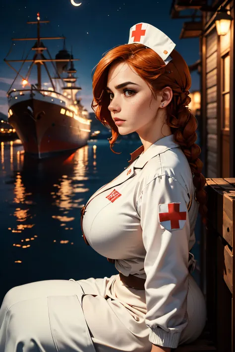 a picture of 1 woman, set in a harbour at night, a 40-year- old Scottish female nurse in world war 2 style, sitting on a wooden crate, sideview shit, profile, midnight, ship in the background, moon, tense atmosphere. She has has copper red hair, tied up to...