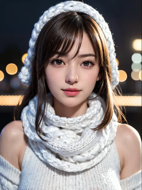 1 japanese girl,(White sweater:1.4),(She wears a knitted snood around her neck to hide her chin....:1.5), (Raw photo, Best Quality), (Realistic, Photorealsitic:1.4), masutepiece, extremely delicate and beautiful, Extremely detailed, 8k wallpaper, amazing, ...