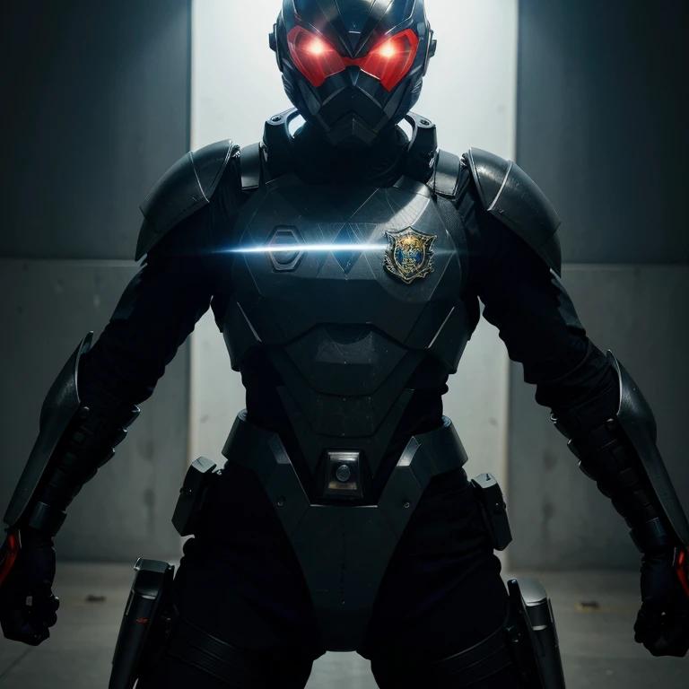 a police officer holding a weapon, wearing a tokusatsu combat armor, in a dramatic pose,police badge,high-tech futuristic backdrop, intense lighting, cinematic action, detailed armor design,vivid color palette,sharp focus,high-resolution image,masterpiece ...