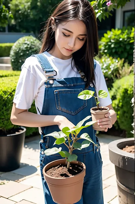 one girl, solo，2 years old，dungarees, holding a plant in a pot, 5 fingers