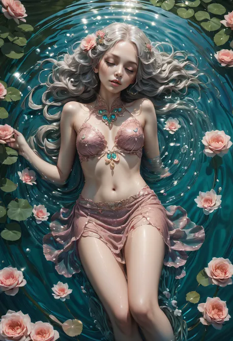 cama sobre el agua, impresionante obra maestra, Foto de cuerpo entero, cabello platino, cabello largo y rizado, Agua real, tela transparente fusionada con agua, Bathing in a river pond, Arte extremadamente detallado, ruboroso, agua corriendo por el cuerpo ...