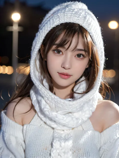 1 japanese girl,(White sweater:1.4),(She wears a knitted snood around her neck to hide her chin......:1.5), (Raw photo, Best Quality), (Realistic, Photorealsitic:1.4), masutepiece, extremely delicate and beautiful, Extremely detailed, 8k wallpaper, amazing...