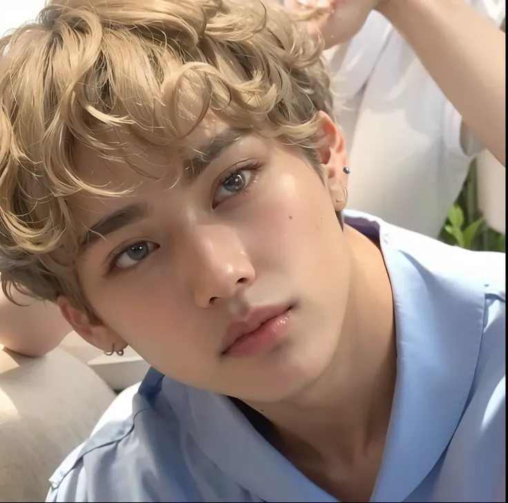 Close-up of person with hairstyle and blue shirt., Taehyung eats Gucci French fries, yanjun chengt, He has short curly brown hair., Jungkook, cai xukun, His eyes looked intelligent., wan adorable korean face, JiminSwollen right eyelid, wry smirk, The face ...