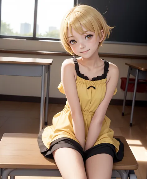 1girl, solo, oshino shinobu, kizu_short, blonde hair, short hair, yellow eyes, pink dress, (black shorts|bloomers), sitting, cla...