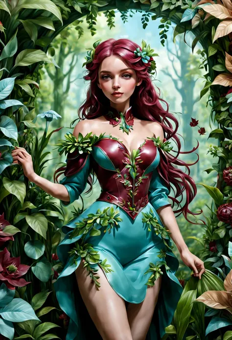 (Plant Girl:1.4), (Plants decoration, nature theme, nature, spring), Forest green, burgundy, light blue, tan, enhance, intricate, (best quality, masterpiece, Representative work, official art, Professional, unity 8k wallpaper:1.3)