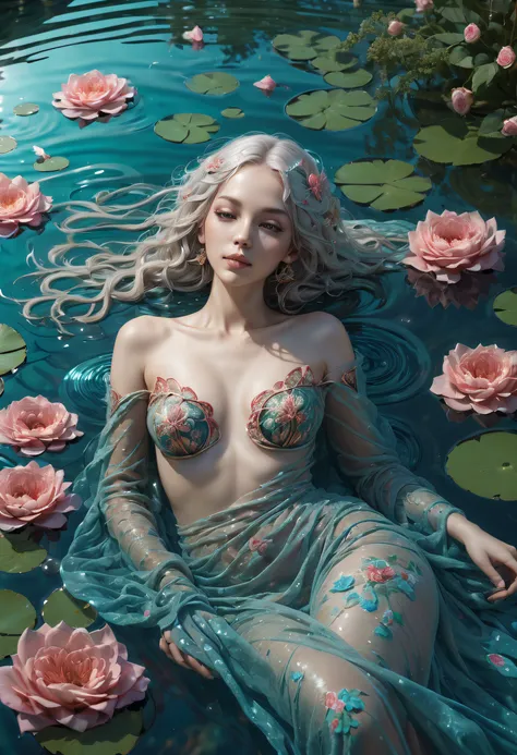 cama sobre el agua, impresionante obra maestra, Foto de cuerpo entero, cabello platino, cabello largo y rizado, Agua real, tela transparente fusionada con agua, Bathing in a river pond, Arte extremadamente detallado, ruboroso, agua corriendo por el cuerpo ...