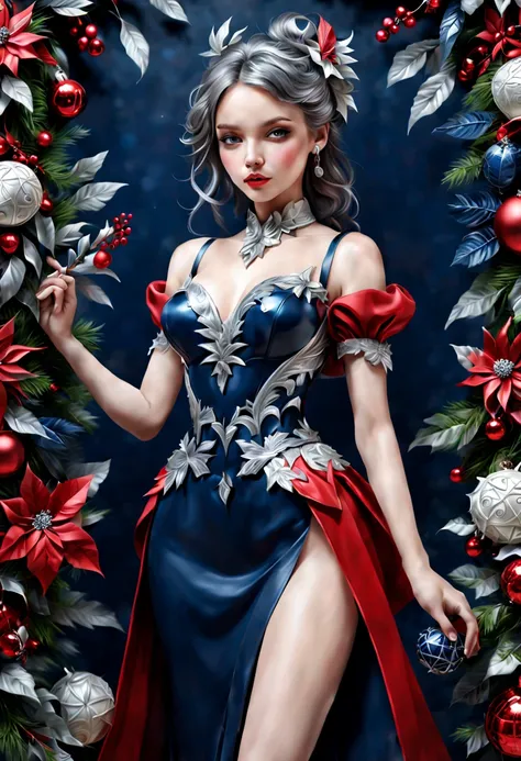 (Plant Girl:1.4), (Plants decoration, nature theme, nature, Christmas), Navy blue, scarlet red, silver, ivory, intricate, (best quality, masterpiece, Representative work, official art, Professional, unity 8k wallpaper:1.3)