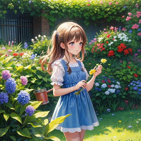 super high quality, oil painting, painting, a very cute girl watering flowers in the garden, birds, blue skies