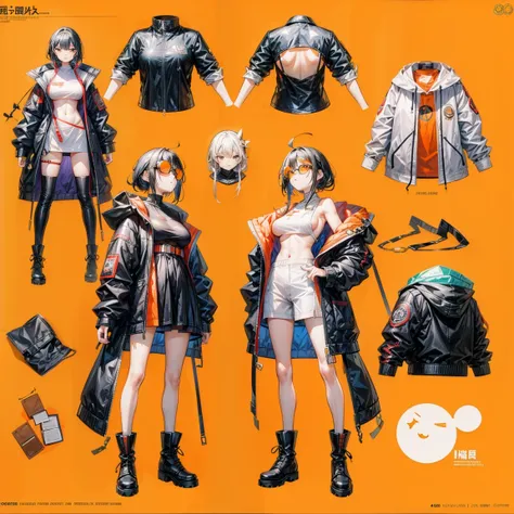 Character Sheets, Three types，Shot Full Body，Game Character Design，than a little flying moon，Girl in sunglasses and beans，Victorizo ∨TSE∨，Orange background,Stylistic expression Same character, absurdress, Full of Details, ((Character design sheet,same char...