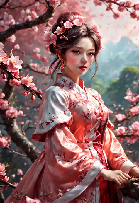 (Plant Girl:1.4), (peach blossom, Sugarplum red, nature theme, nature), (best quality, masterpiece, Representative work, official art, Professional, unity 8k wallpaper:1.3)