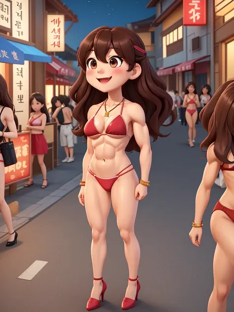 attractive korean woman, ripped muscle, muscular body, small breast, pale skin, smile(blush), bikini, heels, necklace, sixpack abs, [ultra detailed skin:1.2], brown hair, wavy hair, 8k uhd, pussy, full body, crowd, public, night, standing, pubic hair,