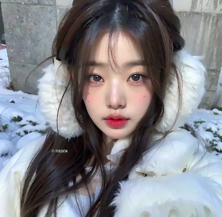 un primer plano de una joven que llevaba una bata blanca y un sombrero peludo, ulzzang, dilraba dilmurat, Wan adorable cara coreana, Chica de anime en la vida real, Chica coreana, Lalisa Manobal, pale snow white skin, Joven y adorable rostro coreano, young...