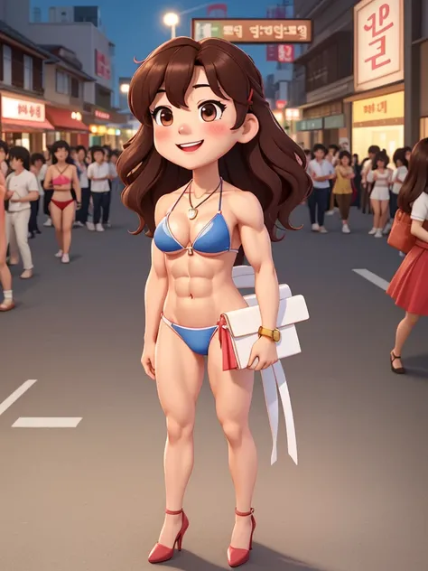 attractive korean woman, ripped muscle, muscular body, small breast, pale skin, smile(blush), bikini, heels, necklace, sixpack abs, [ultra detailed skin:1.2], brown hair, wavy hair, 8k uhd, pussy, full body, crowd, public, night, standing, pubic hair,