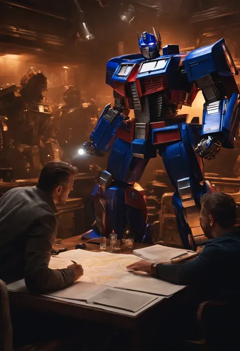 A photo of Optimus Prime leading a Saturday evening strategic planning session for the Autobots, surrounded by holographic maps and tactical equipment,Transformers franchise,optimus prime, male