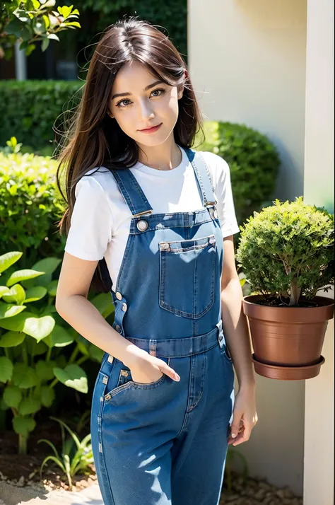 one girl, solo，2 years old，dungarees, holding a plant in a pot, 5 fingers