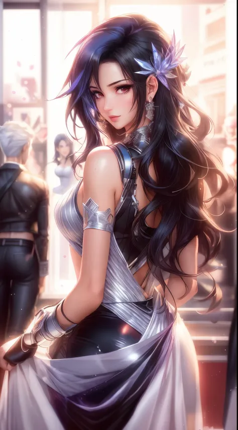 arafed image of a sexy couple posing together in a window, seductive tifa lockhart portrait, tifa, tifa lockhart, tifa lockheart, tifa lockhart portrait, glamorous tifa lockheart, portrait of tifa lockhart, tifa lockhart with white hair, range murata and a...