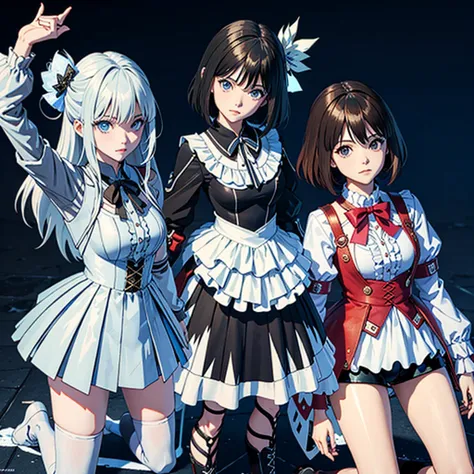 personagens de anime vestidos em preto e branco posando para uma foto, vrcabord, anime estilo 3d, e-menina, e - menina, estilo a...