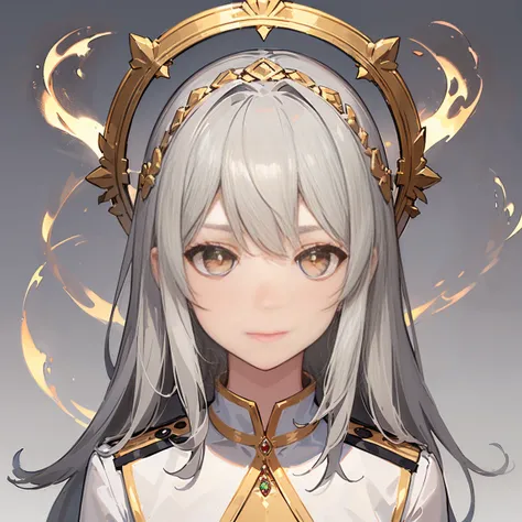 ((((gray background,)))), full - body, school uniform, frontal view, side glance, Rear view, golden eyes, glowing pupils, Delicate headdress, Long straight white hair, band, Jewelry, slight smile, Uniform dress, (Look-up table), UHD, ccurate, super detaill...