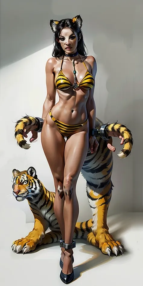 ((WHITE BACKGROUND)) full body standing straight symmetrical looking to the viewer woman wearing a yellow tiger bikini tiger paws, choker on neck, shackles on legs and arms, tiger face