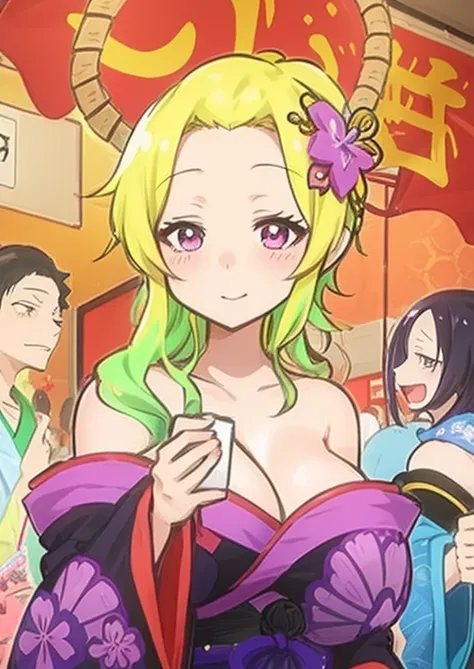 anime characters in a store with a woman in a purple dress, hanayamata, shirabii, ehime, yami kawaii, from sengoku period, “ anime, ”beautiful anime woman, “anime girl, moe, inspired by Nishikawa Sukenobu, from one piece, “ full body, flirty anime witch ca...