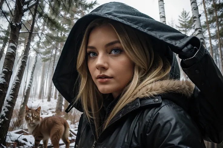 Classic horror painting. Blonde woman with angular face and piercing blue eyes, wearing an old-fashioned hooded parka, running toward the viewer through a blizzard in a birch forest. BREAK. Chased by giant shaggy black cat with blazing eyes.