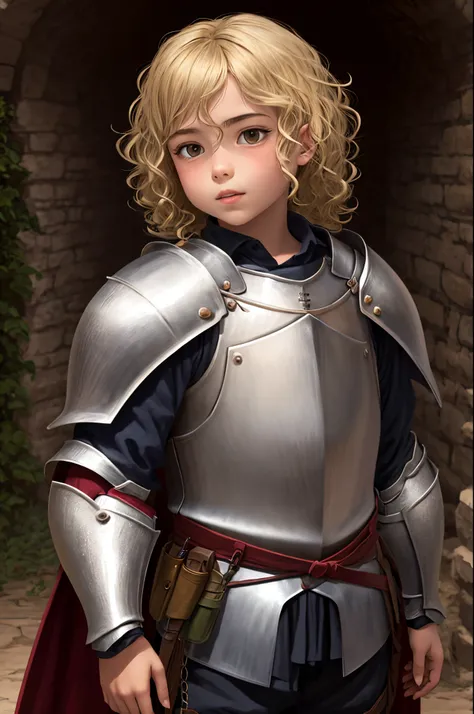 8 year old knight with olive skin and a blonde curly mullet