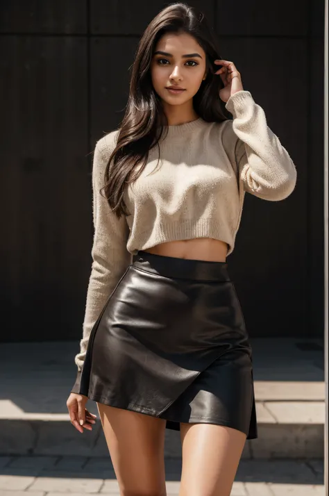 Beautiful ,23 years young girl,confident looking,8k,realistic,dark brown hair,fair skin, indian,long hair,clear facial features, wearing warm clothes and Black skirt styled 3 ways, Having playful photoshoot in black bodycon skirt, background Urban Backdrop