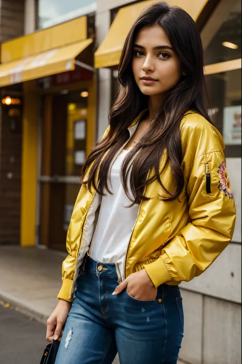 Beautiful ,23 years young girl,confident looking,8k,realistic,dark brown hair,fair skin, indian,long hair,clear facial features, wearing warm clothes Yellow floral bomber jacket, black top, jeans,Hands in pockets wearing vibrant floral bomber jacket