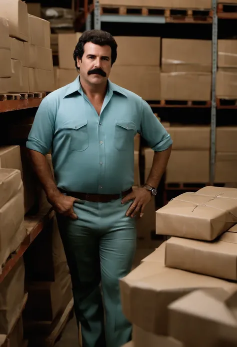 A photo of me and my associates inspecting our latest shipment in the warehouse,original,Pablo Escobar, the infamous Colombian drug lord and leader of the Medellín Cartel, was often recognized for his stout build and mustachioed face. He typically dressed ...