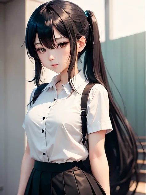 Miku hinasaki long hair tied up,Black hair,Short-sleeved white shirt with a short skirt