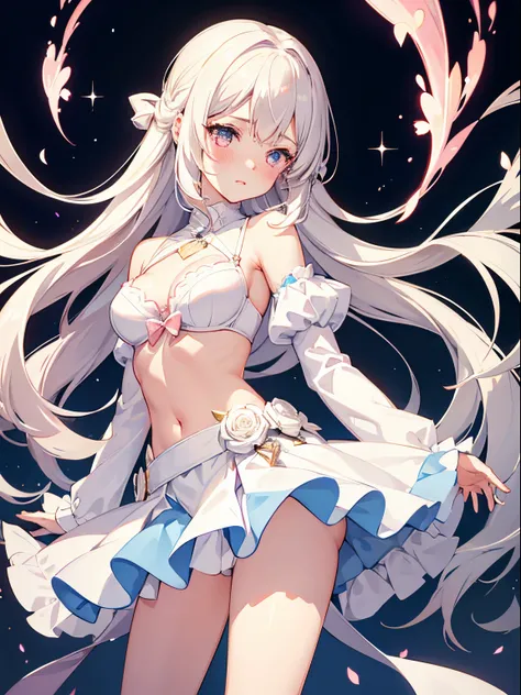 1girl, white medium hair, light pink eyes, center parted hair, cute, blush, medium breast, open legs, bra, blue skirt