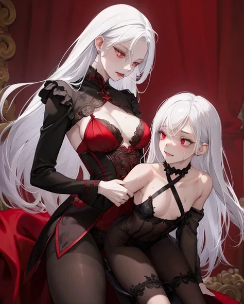 "2girl, ((Masterpiece)), [Slim], (Small breasts), Pale skin, ((Detailed eyes)), (Background blur), ganyudef white hair, Red eyes, villainous, Dark theme, [eyes liner], Evil". . Pantyhose. Sexy black lingerie. Embracing. Blushing, sweating. Exposed breast. ...