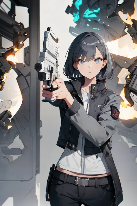 (masutepiece:1.2, Best Quality), [girl, Manteau, expressioness, Turquoise eyes, front facing, jet-black hair,half short cut hair, Jacket comes off, Upper body] (Gray white background:1.7), 1girl, ((aiming at the viewer with a gun)), pistol, ((holding a han...