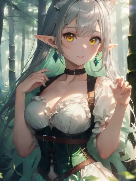 ((Elven ears)),(long elf ears),(have big earrings),((Mixed silver and light green hair)),(Smooth straight long hair),((Yellow eyes)),(flowing silk dress),((A dress that shows off your body lines beautifully.)),(The hem of the dress is long enough to reach ...