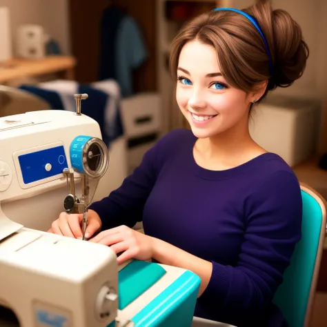 Pixar style mid sized woman, hair in a messy bun, no bangs, smiling, blue eyes, sitting at a sewing machine quilting.