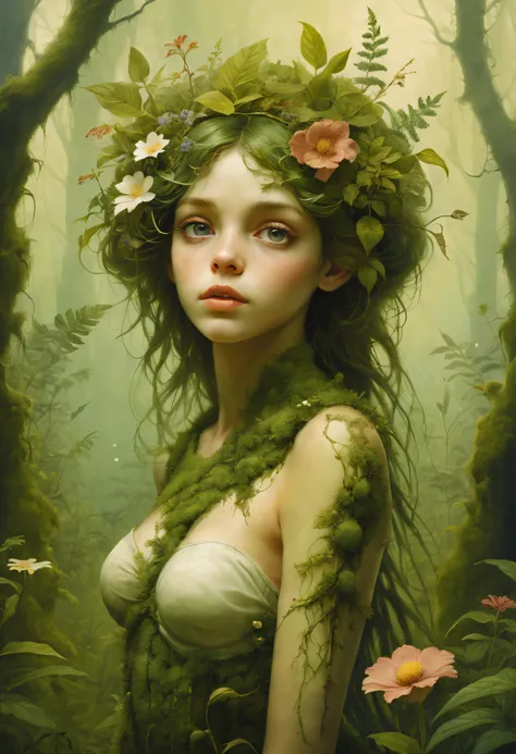 invent a creature, connecting the girl with different plants and flowers, leaves and branches of plants form the body of a girl, the girl&#39;s body consists entirely of plants, branches with leaves and flowers grow from the girl&#39;s head, Beautiful flow...