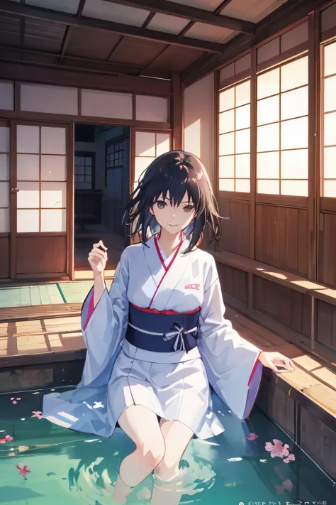 Makoto Shinkai and Ghibli Studio, Rofi, anime girl playing pleasantly in a beautiful stream in a yukata, old folk house, distant eyes, clearly outlined silhouette, sunny, summer, very detailed and incredible quality, trend, masterpiece, 8K high-resolution ...