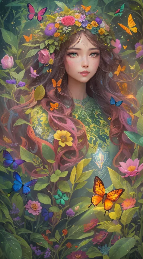 In a magical world, A plant girl with glowing vines and flowers, Delicate skin，Ethereal beauty appears. She is surrounded by vibrant and charming foliage, Colorful petals seem to be dancing in the wind. her eyes glistening with a hint of mystery, Reflectin...