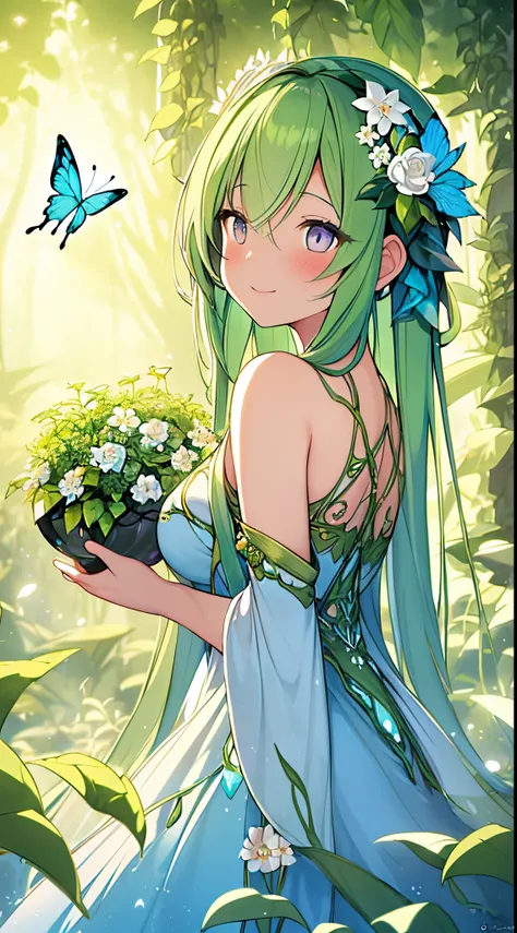 In a magical world, a plant girl with glowing vines and flowers, delicately created skin and ethereal beauty emerges. She is surrounded by vibrant and enchanted foliage, with colorful petals seemingly dancing in the wind. Her eyes sparkle with a hint of my...