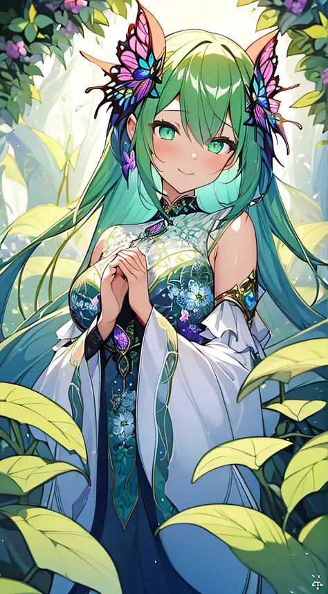 In a magical world, A plant girl with glowing vines and flowers, Delicate skin，Ethereal beauty appears. She is surrounded by vibrant and charming foliage, Colorful petals seem to be dancing in the wind. her eyes glistening with a hint of mystery, Reflectin...