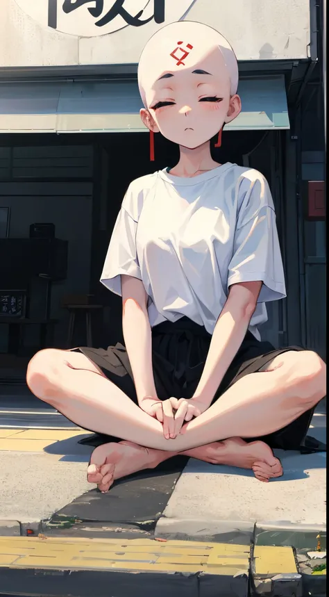 Zazen　full body seen　Eyes closed　frontage　Zazen　Skinhead Girl　Dots on the forehead　white t-shirts　frontage　white backgrounid