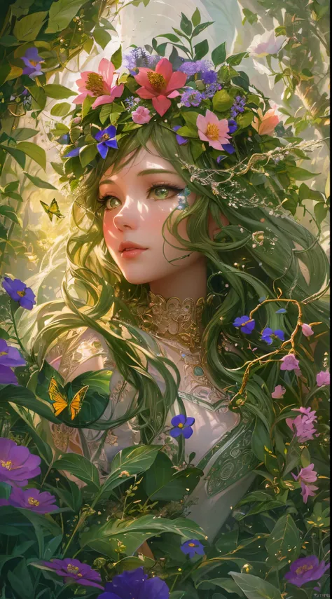 In a magical world, a plant girl with glowing vines and flowers, delicately created skin and ethereal beauty emerges. She is surrounded by vibrant and enchanted foliage, with colorful petals seemingly dancing in the wind. Her eyes sparkle with a hint of my...