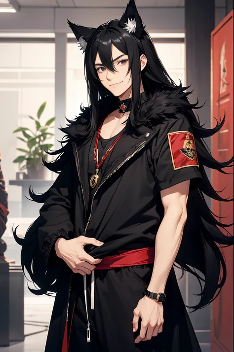 anime style, young adult, male, black coat trimmed with red fur, long and mane-like black hair, dull black eyes, smiling, beautiful face, lean body, black sweatpants, feminine face, black throne room scenario, black big fox ears