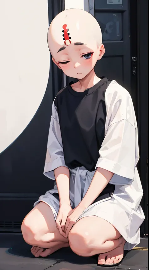 Nothing background　white backgrounid　Zazen　full body seen　Eyes closed　frontage　Zazen　Skinhead Girl　Dots on the forehead　white t-shirts　frontage　white backgrounid