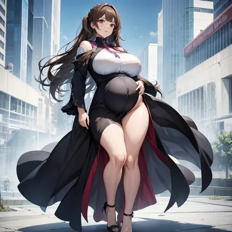 full body, pregnant, huge belly, huge breasts, thick thighs, very thight clothes, high heels, best quality