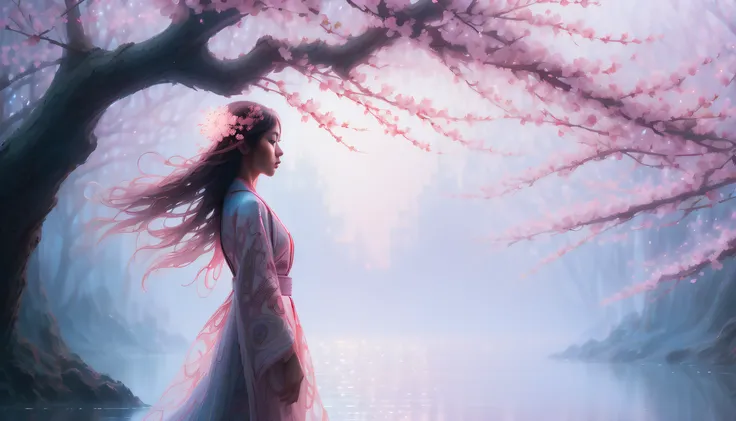 In the soft embrace of the evening, (((Fantastic hypnotic fantasy forest_punk_A girl comes out of the fog:1.1))), Spectral shapes outlined by otherworldly radiance, (((The main character of analog high-key photography that combines cherry blossoms and plan...