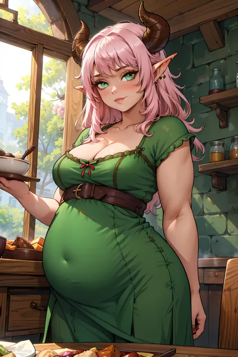 Masterpiece, high quality, best quality, beautiful, HD, perfect lighting, detailed face, detailed body, ((1girl)), ((solo)), small breasts, cleavage, long hair, colored skin, horns, pointy ears, tiefling, light pink hair, green eyes, shily smiling, blushin...