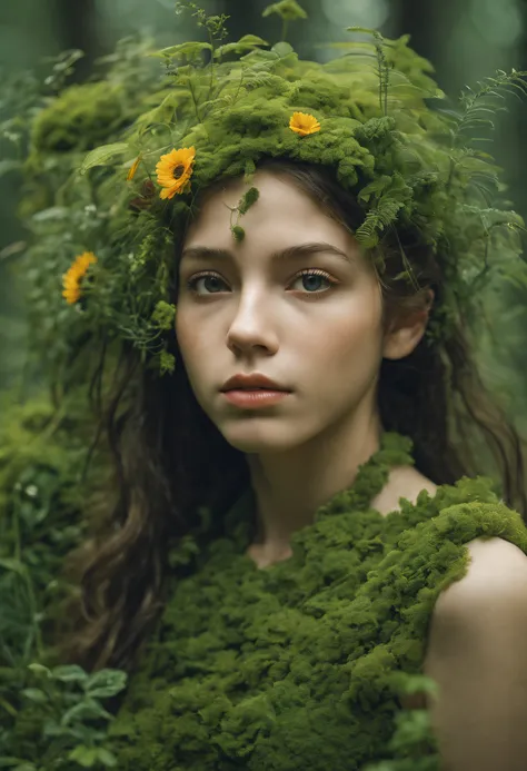 invent a creature, connecting a girl with different plants and flowers, leaves and branches of plants form the body of a girl, p...