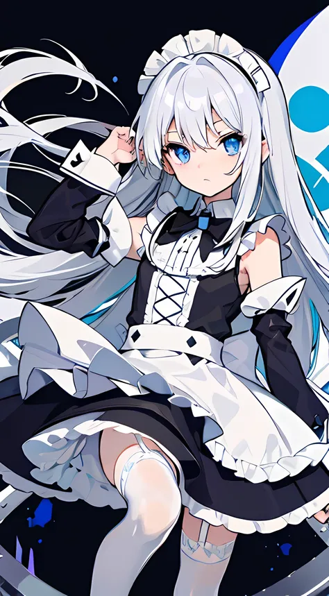 white long staight hair, blue eyes, maid outfit, black stockings, skinniy