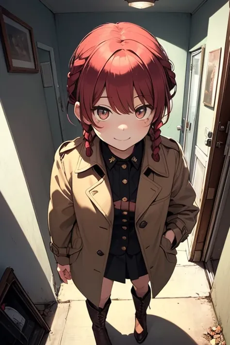 fluffy hair,Red hair,((Braided shorthair)),Slightly red tide,((Gold eyes)),((rifle or handgun)),),(Black military uniform),Staring at me, Smile with a kind face, ,((a dark night)),((dark apartment late at night)),(((Trembling girl ))),(NSFW),(Brown boots),...